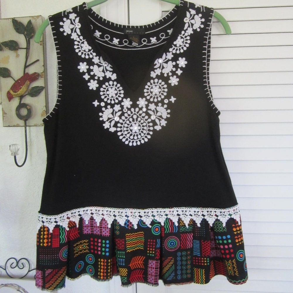 GRACE - Upcycled Sleeveless Blouse with added ruffle and lace - SzS